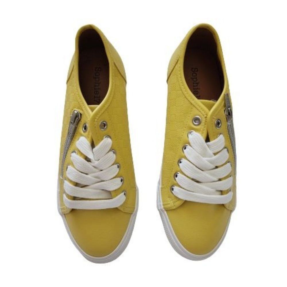 Sophie17 Brooklyn Yellow Checkered Sneakers Zip Accent